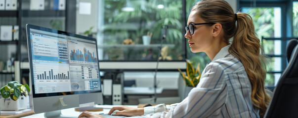 A portrait of a confident businesswoman accountant working on a computer at her desk, analyzing company finances with tables and charts in the office while looking at the monitor.