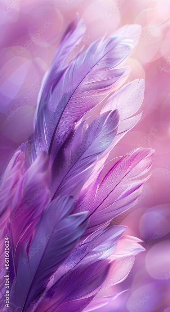 Poster closeup of delicate purple feathers with ethereal bokeh background