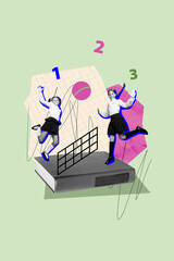 Vertical photo collage of two happy schoolgirls jump play volleyball physical training net book literature isolated on painted background