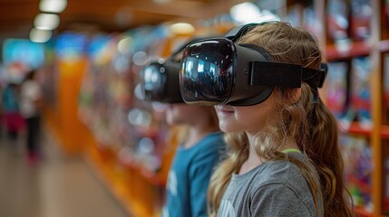 Two children engage with virtual reality using VR headsets, set against a vibrant and colorful environment, illustrating the integration of technology in playful learning and fun.