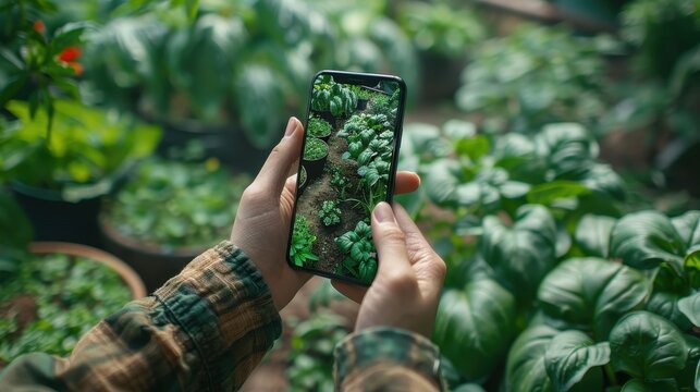 A person is holding a smartphone and taking a photo of various lush green plants in a garden setting, highlighting the vibrant foliage and nature's beauty.