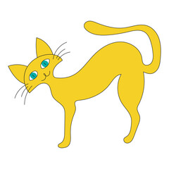 Vector clipart: cartoon ginger cat with sea green eyes on the white background. Flat cartoon character. Yellow cute kitty. Vector illustration.