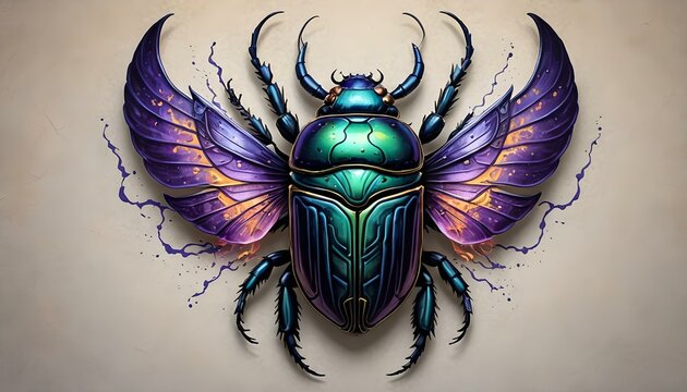 Iridescent green and purple scarab beetle with a flame pattern on its spread wings