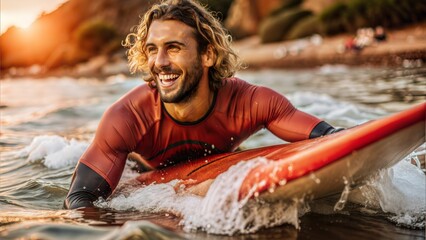 Surfing, water sports and surfer man at beach for fitness, wave and adventure during summer travel in Australia. Happy man in sea with surfboard for freedom, training and professional sport