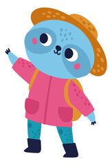 Cute sloth traveler in warm clothes. Animal with backpack