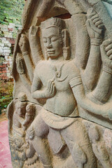 Hoi An, Vietnam - 6 Feb, 2024: Stone carvings at the ancient My Son Hindu temple, Champa kingdom, Vietnam