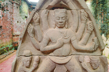 Hoi An, Vietnam - 6 Feb, 2024: Stone carvings at the ancient My Son Hindu temple, Champa kingdom,...