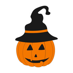 Jack o lantern. Vector Halloween clipart: cartoon pumpkin in a black hat on white background. Flat Halloween cartoon character. Vector illustration.