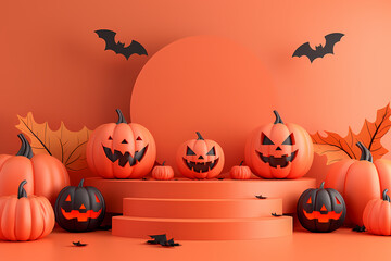 Festive Halloween scene with jack-o'-lanterns, bats, and autumn leaves in vibrant orange and black.