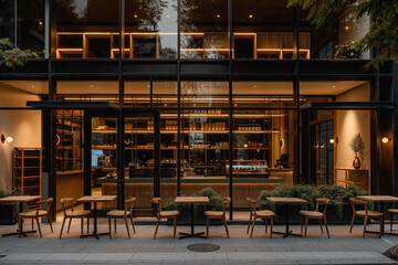 Modern Cafe Exterior with Outdoor Seating and Large Glass Windows in Urban Setting.