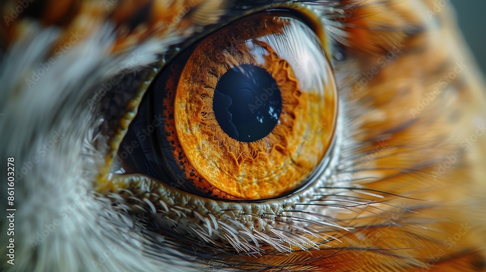 Poster a highly detailed and colorful close-up shot of a bird's eye, emphasizing the intricate patterns and