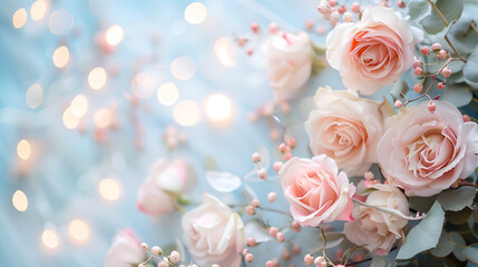 Wedding background with elegant floral decorations, soft pastel tones. Invitations and wedding decor