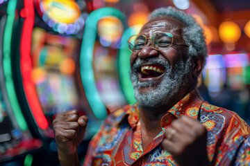 casino winner, happy african american man with money and casino chips, person experiencing luck, cash prize, fun with risk and excitement