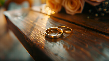 Two wedding rings on a table, the marriage of the newlyweds