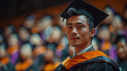 A graduate in a black cap and gown stands proudly among classmates, embodying achievement and success at a graduation ceremony, focused and content with accomplishment.
