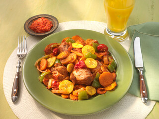 Poulet, Poulet auf gruenem Teller und hellem Tischset, Geflügel, Afrika, Ghana, afrikanisches Essen, 