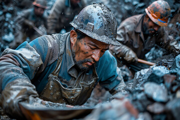Fototapeta premium Miners in the tunnel, person engaged in mining, protective gear required