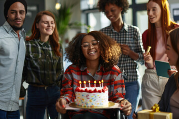 Obraz premium Young african amercian woman with disability celebrating her birthday at work with her colleagues