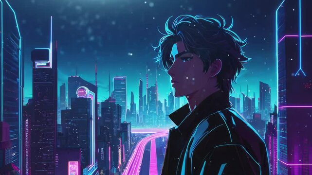 Cyberpunk Cityscape with Anime Boy: Lofi Music 4K Loop Background