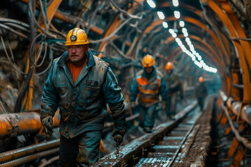 Miners in the tunnel, hard labor inside the mine, mining job exploration