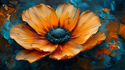 Abstract teal and orange painting of a flower
