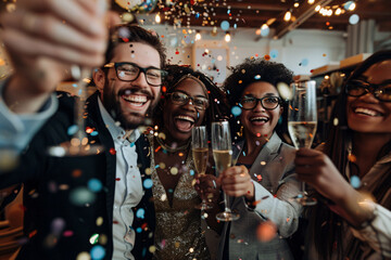 Happy diverse working team enjoying an office party