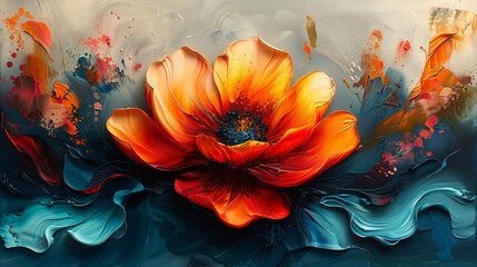 Abstract teal and orange painting of a flower
