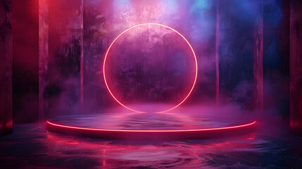 futuristic empty round stage in cyber punk style	
