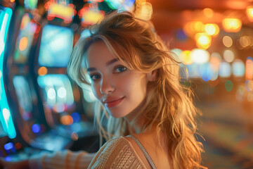 Casino player, young woman at slot machines, gambler in action, chasing wealth, gaming thrills.
