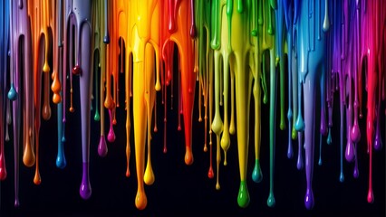 Vivid dripping paint in a rainbow of colors on black background