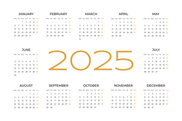Annual calendar template for 2025 year. Week starts from Monday. Planner, stationery, printing. Vector illustration