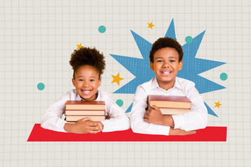 Composite photo collage of happy american school girl boy hold book library literature preparation subject isolated on painted background