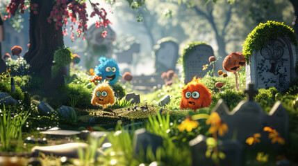A group of little monsters in a graveyard