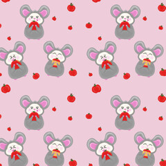 seamless pattern with mouse and apple. 
The joy of eating red fruit.