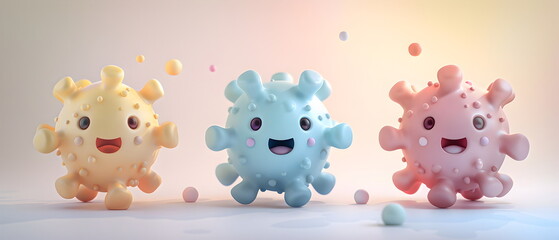 3D clay, Adorable clay Germs, viruses, bacteria, fungi, epidemics, muted pastels, Blender 3d, colorful kawaii model, disease