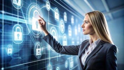 Businesswoman interacting with digital lock screen interface in office