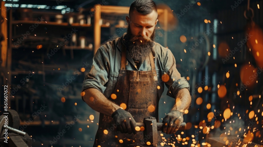 Poster A man with a beard is working in a workshop with sparks flying