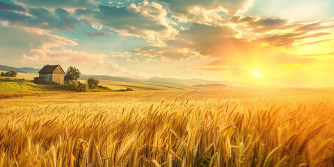 Obraz premium A vast wheat field under the summer sunlight, with golden ears of grain ready for harvest against a clear blue sky.