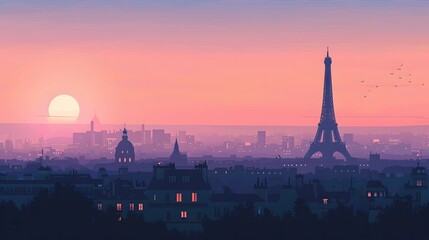 Obraz premium Beautiful pink and purple sunset over Paris skyline with Eiffel Tower silhouette, romantic and serene atmosphere captured in the evening.