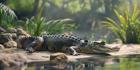 alligator in the everglades, Lazing Crocodile by Riverbank A full-body shot of a crocodile lazing by the riverbank, highlighting its rugged texture and natural habitat. 