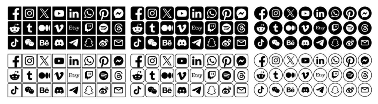 Social media icons. Facebook, Linkedin, Instagram, Pinterest, X, Youtube, Whatsapp, Messenger, Reddit, Tumblr, Medium, Vimeo, Etsy, Twitch, Spotify, Threads, Wechat, Behance, Twitch, Telegram
