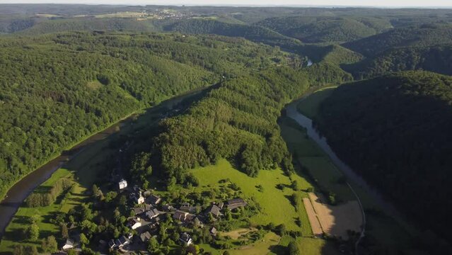 Aerial View of Frahan, Rochehaut: A River Winding Through the Ardennes