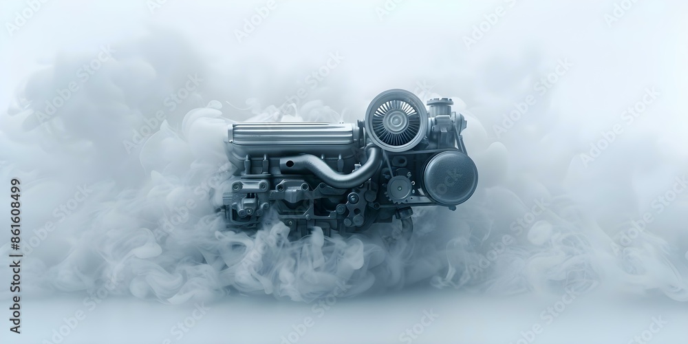 Poster running internal combustion engine in isolation with smoke emission and fictional graphics. concept 