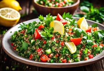 freshly made tabbouleh salad lemon wedges, ingredients, healthy, dish, parsley, tomatoes, cucumber, mint, vegan, mediterranean, appetizer, chopped