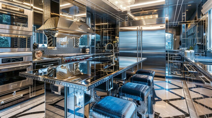 Glamorous Art Deco Kitchen: Channel the roaring twenties with mirrored surfaces, geometric patterns, polished chrome fixtures, and luxurious velvet seating
