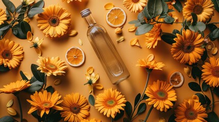 A bottle of perfume surrounded by yellow flowers