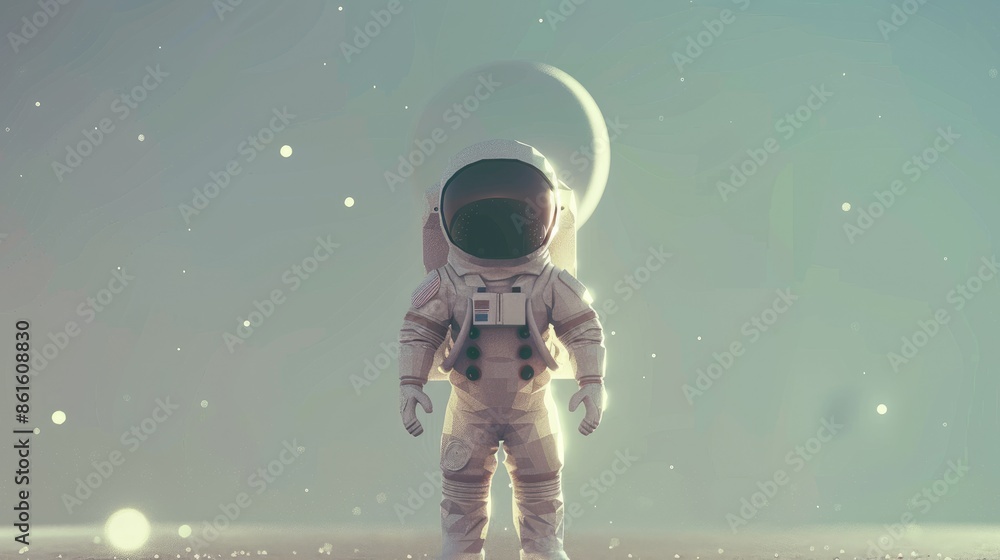 Wall mural a minimalist low poly design of an astronaut standing calmly against a plain background