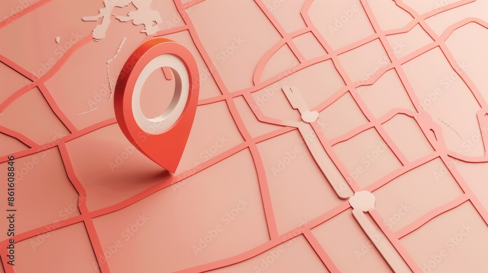 Leinwandbilder Minimalistic and sleek image featuring a red location pin on a clean, modern map background. Perfect for navigation apps and travel services. Generative AI