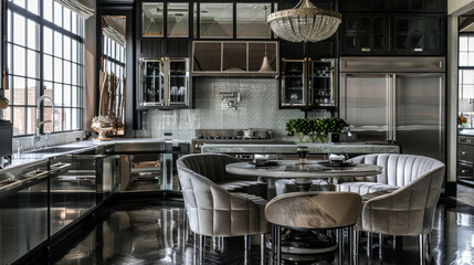 Glamorous Art Deco Kitchen: Channel the roaring twenties with mirrored surfaces, geometric patterns, polished chrome fixtures, and luxurious velvet seating