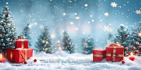Wrapped Red Christmas gifts, golden ribbons, bow against a light blue winter snowy decorated trees. Snow particles dust, Xmas lights bokeh. Festive wide banner template with space for text, montage